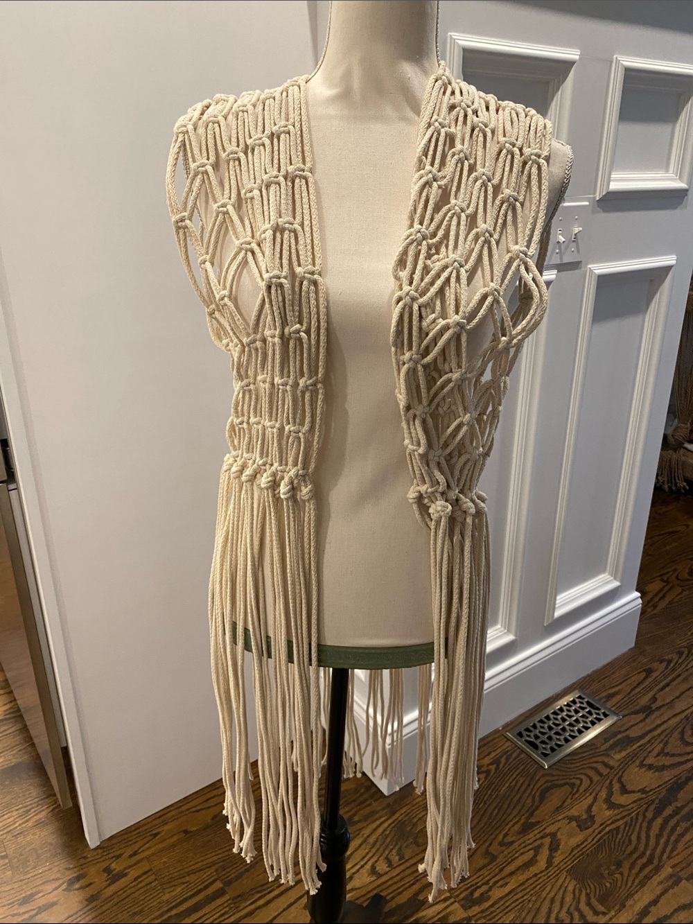 Nanushka Hand-Knotted Cream Macramé Fringe Vest